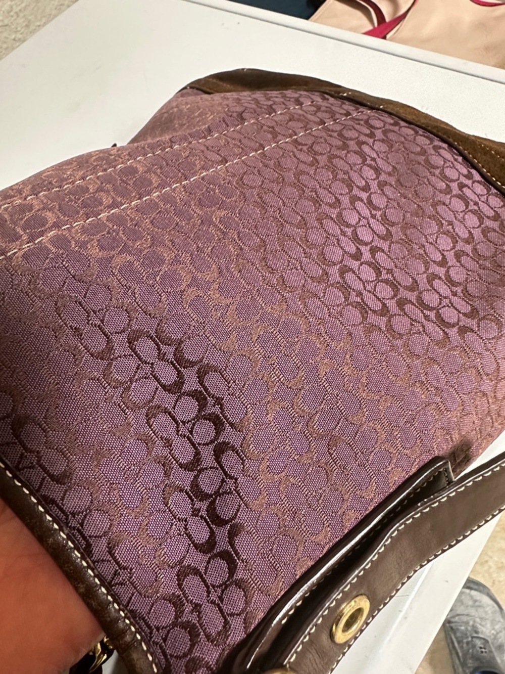 Coach Purple Signature Jacquard & Brown Suede Hobo with Tassel - Picture 9 of 13